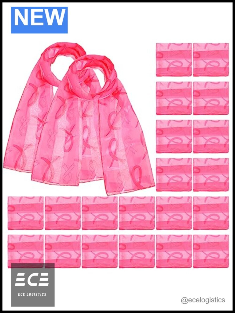 24 Pack Breast Cancer Awareness Scarves Polyester Blend 60x13 Inch Fundraiser